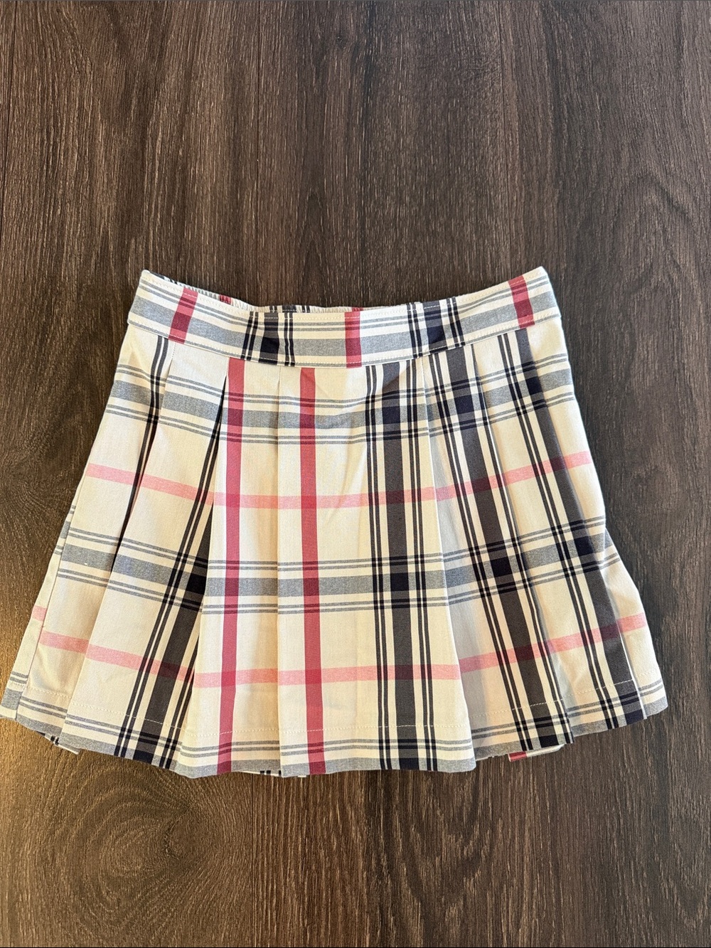 Nordstrom Cream Plaid Pleated Skirt with Red and Black Stripes